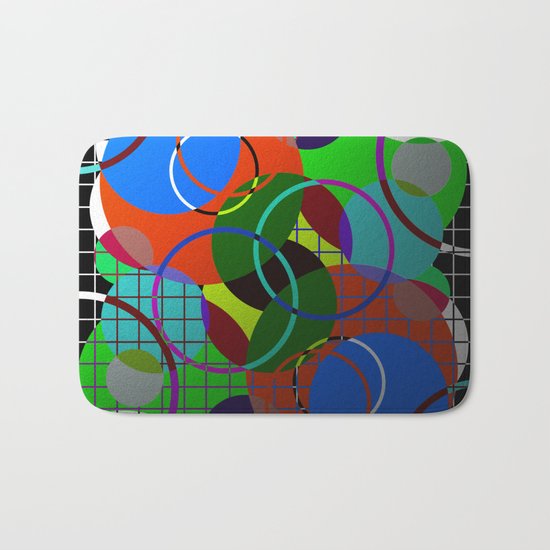 Caged Geometry - Abstract, metallic, geometric, rainbow coloured circles Bath Mat