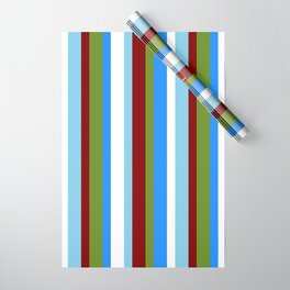 [ Thumbnail: Vibrant Green, Maroon, Sky Blue, White & Blue Colored Stripes Pattern Wrapping Paper ]