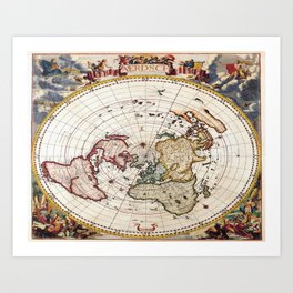 Flat Earth World Map Vintage - Jacob Harrewyn - Polar Azimuthal Projection Art Print