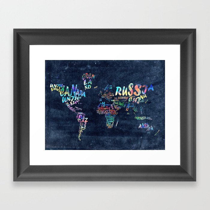 world map typography watercolor 4 Framed Art Print