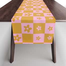 Abstract Floral Checker Pattern in Gold Pink Table Runner