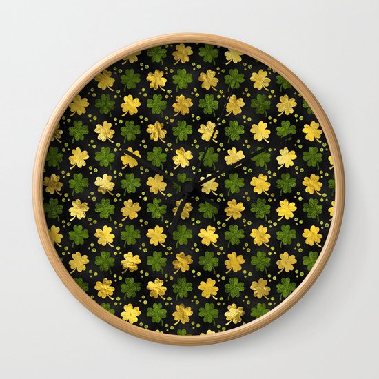 Irish Shamrock Four Leaf Clover Gold Black Wall Clock By