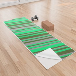 [ Thumbnail: Dark Grey, Green & Dark Olive Green Colored Lines/Stripes Pattern Yoga Towel ]
