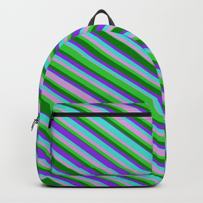 Turquoise, Plum, Lime Green, Green & Purple Colored Lined Pattern Backpack