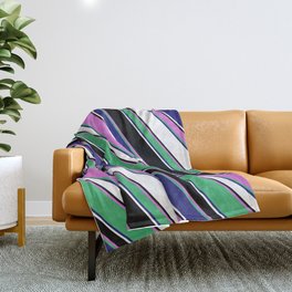 [ Thumbnail: Vibrant Orchid, Sea Green, Midnight Blue, White & Black Colored Lines Pattern Throw Blanket ]