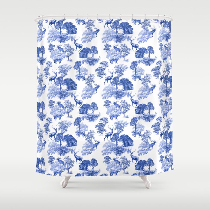 Classic French Toile Countryside Deer, Toile Shower Curtain Blue