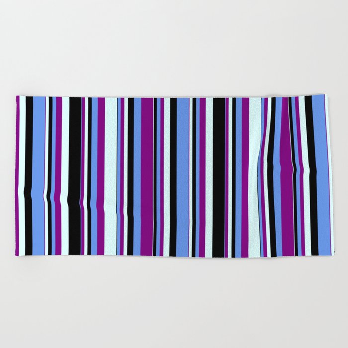 Cornflower Blue, Purple, Light Cyan, and Black Colored Stripes Pattern Beach Towel