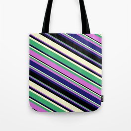 [ Thumbnail: Sea Green, Orchid, Midnight Blue, Black, and Light Yellow Colored Lines/Stripes Pattern Tote Bag ]