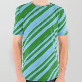 [ Thumbnail: Light Sky Blue and Forest Green Colored Lines/Stripes Pattern All Over Graphic Tee ]