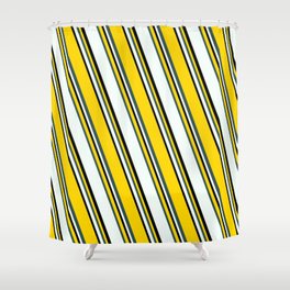 [ Thumbnail: Yellow, Dark Slate Gray, Mint Cream & Black Colored Stripes/Lines Pattern Shower Curtain ]