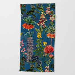 Vintage & Shabby Chic - Blue Midnight Spring Botancial Flower Garden Beach Towel