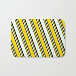 [ Thumbnail: Yellow, Dark Slate Gray, Mint Cream & Black Colored Stripes/Lines Pattern Bath Mat ]