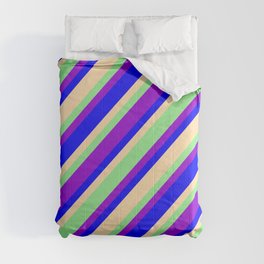 [ Thumbnail: Light Green, Dark Violet, Blue & Tan Colored Lines Pattern Comforter ]