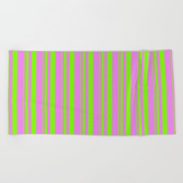 [ Thumbnail: Green & Violet Colored Lined Pattern Beach Towel ]