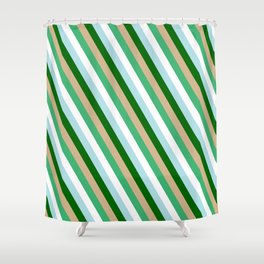 [ Thumbnail: Eye-catching Tan, Sea Green, White, Powder Blue, and Dark Green Colored Pattern of Stripes Shower Curtain ]