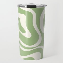 Modern Liquid Swirl Abstract Pattern in Light Sage Green and Cream Travel Mug