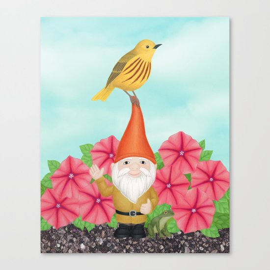 gnome with yellow warbler and petunias Canvas Print