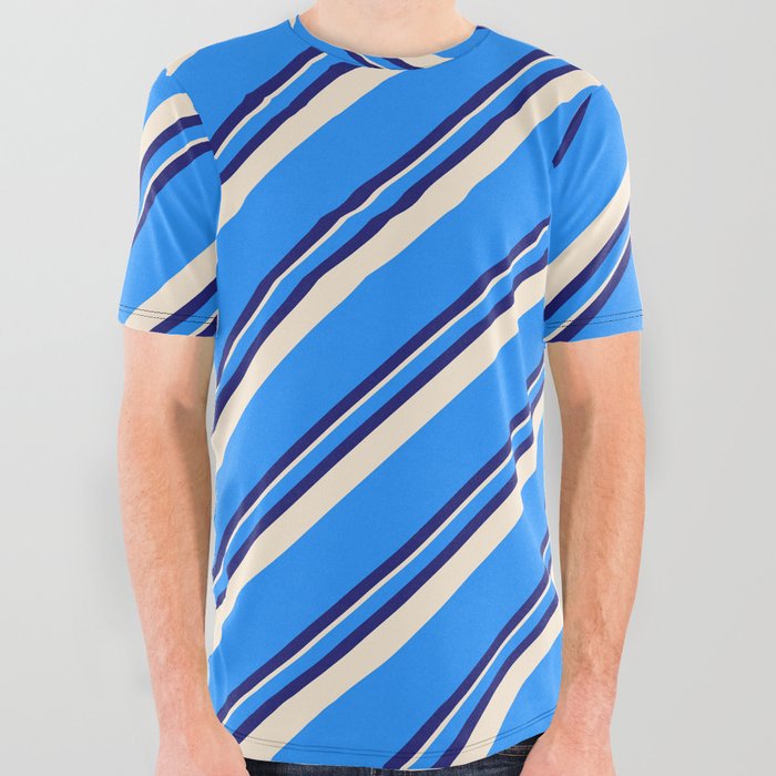 Blue, Midnight Blue, and Beige Colored Striped Pattern All Over Graphic Tee