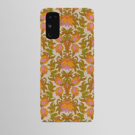 Orange, Pink Flowers and Green Leaves 1960s Retro Vintage Pattern Android Case