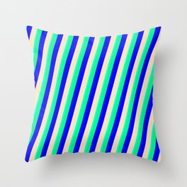 [ Thumbnail: Cyan, Green, Blue & Beige Colored Lined Pattern Throw Pillow ]