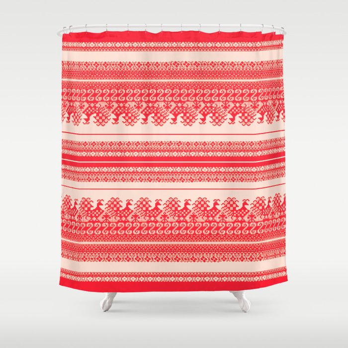 Nordic Pattern With Peacock Bright Red Shower Curtain By Mpzstudio