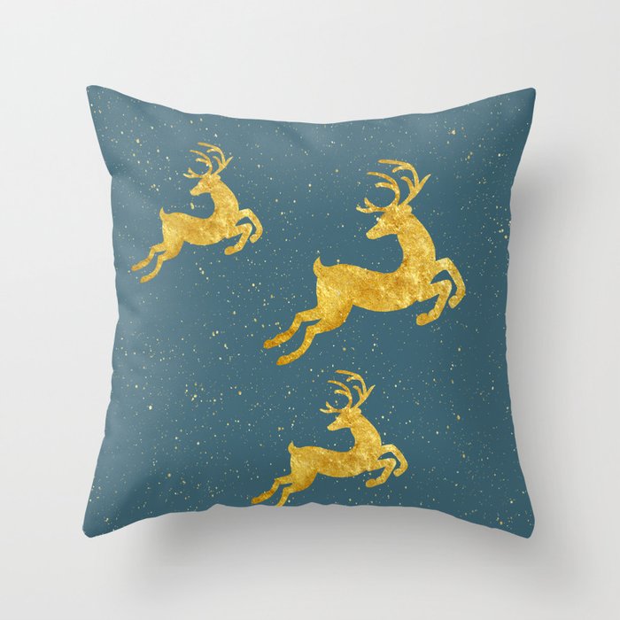 Golden Reindeer Teal Throw Pillow
