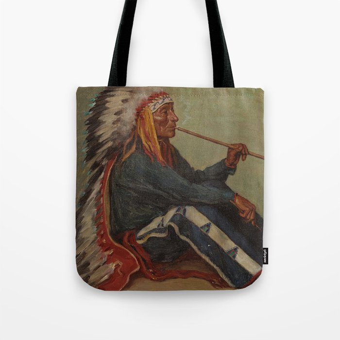 Full portrait of Chief Flat Iron smoking peace pipe Sioux First Nations American Indian portrait painting by Joseph Henry Sharp Tote Bag