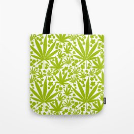 Green On White Modern Cannabis And Flowers Pattern Tote Bag