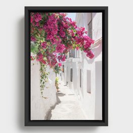 White Village Series, White washed alley, Bougainvillea, Travel Photography, Europe Framed Canvas