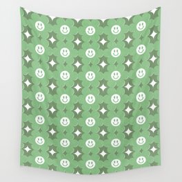 Retro happy smiley blooms pattern  # green tropical Wall Tapestry
