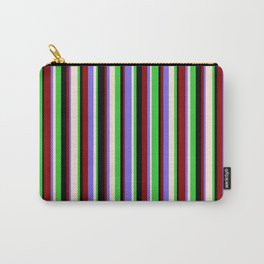 [ Thumbnail: Colorful Lime Green, Beige, Medium Slate Blue, Dark Red & Black Colored Stripes Pattern Carry-All Pouch ]