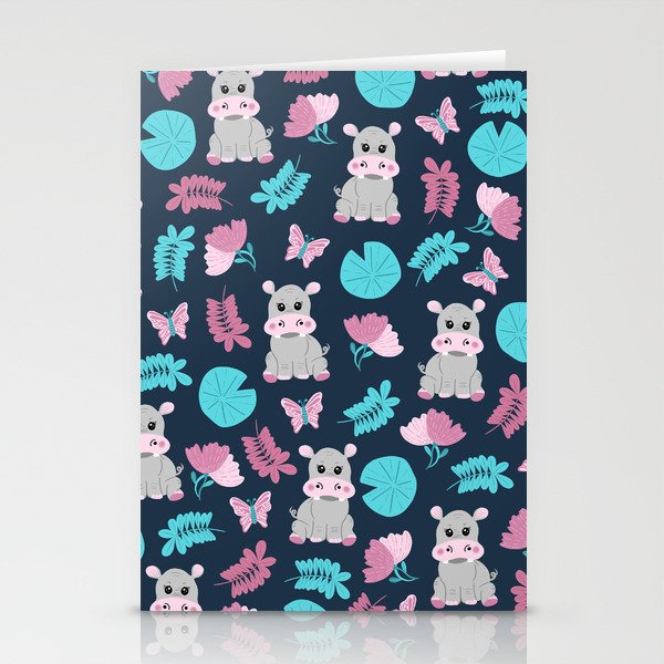 Cute Pink Teal Hippo Floral Butterfly Lily Pad Stationery Cards