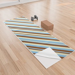 [ Thumbnail: Light Yellow, Light Sky Blue & Brown Colored Pattern of Stripes Yoga Towel ]