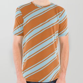 [ Thumbnail: Chocolate and Light Blue Colored Lined Pattern All Over Graphic Tee ]