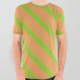 [ Thumbnail: Green and Brown Colored Striped Pattern All Over Graphic Tee ]