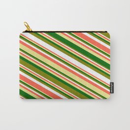 [ Thumbnail: Eyecatching Green, White, Red, Tan & Dark Green Colored Striped/Lined Pattern Carry-All Pouch ]