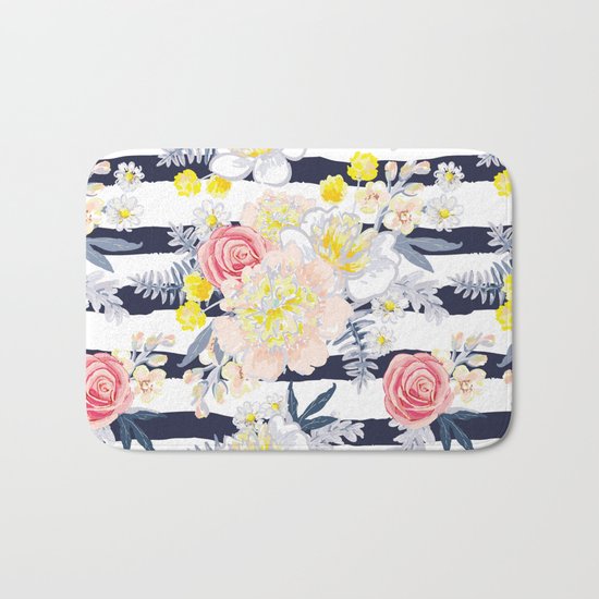 Peony bouquets striped Bath Mat