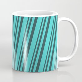 [ Thumbnail: Dark Slate Gray & Turquoise Colored Striped Pattern Coffee Mug ]