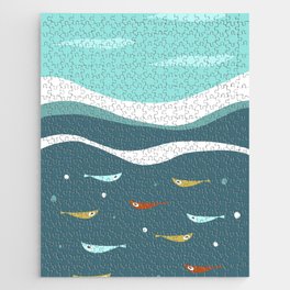 Under the Sea Mid Century Ocean, Waves and Fish Jigsaw Puzzle