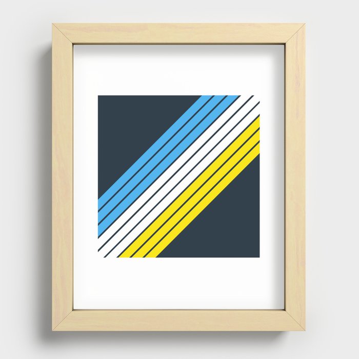 Classic Retro Stripes in Blue White and Yellow on Dark Blue Recessed Framed Print