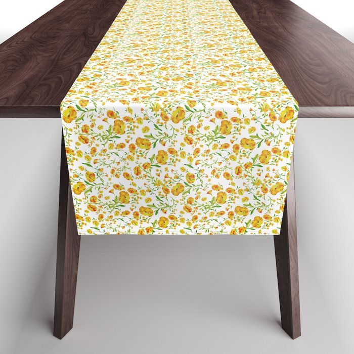Yellow-gold flowers on white - yellow, gold, amber 3 Table Runner