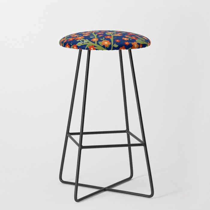 Lovely Blossoms - red orange on navy Bar Stool