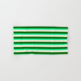 [ Thumbnail: Beige, Dark Green & Green Colored Pattern of Stripes Hand & Bath Towel ]