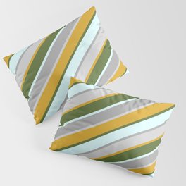[ Thumbnail: Goldenrod, Dark Olive Green, Light Cyan, Dark Gray & Light Gray Colored Stripes/Lines Pattern Pillow Sham ]