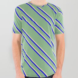 [ Thumbnail: Dark Sea Green, Pale Goldenrod, and Blue Colored Striped Pattern All Over Graphic Tee ]