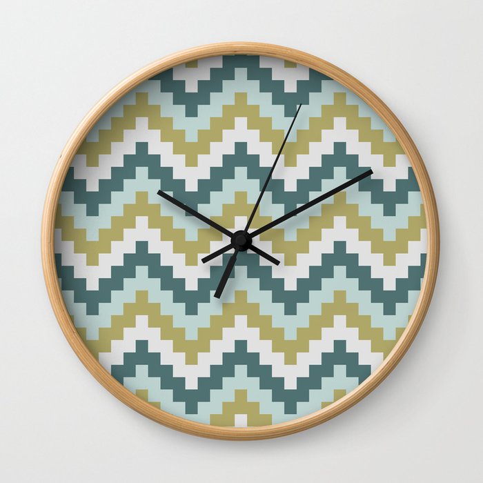 Zigzag pattern in green, grey, light blue and turquoise Wall Clock