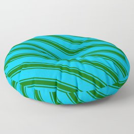 [ Thumbnail: Deep Sky Blue & Dark Green Colored Stripes/Lines Pattern Floor Pillow ]