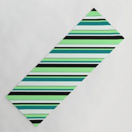 [ Thumbnail: Green, Teal, Mint Cream & Black Colored Lined Pattern Yoga Mat ]