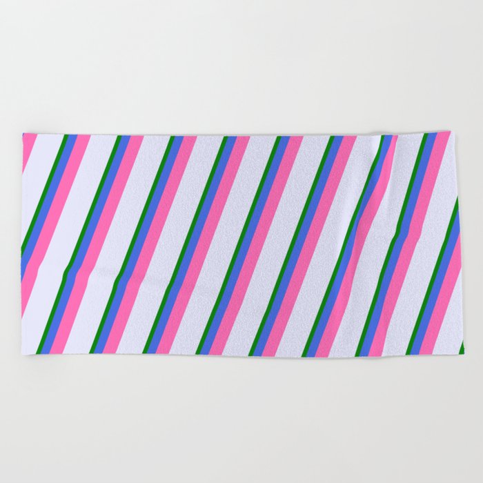 Lavender, Green, Royal Blue & Hot Pink Colored Pattern of Stripes Beach Towel