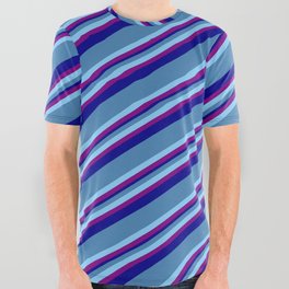 [ Thumbnail: Blue, Light Sky Blue, Purple & Dark Blue Colored Striped/Lined Pattern All Over Graphic Tee ]